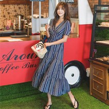 헤링본 롱 여름 비치원피스 브이넥 반팔 프릴 바캉스 HC433