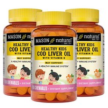 MASON NATURAL 비타민 A C 및 D 함유 아동용 대구 간 오일 - 면역력 향상 건강한 심장 및 뇌 기능 전반적인 건강 지원 오렌지 맛 츄어블 100개 3개입