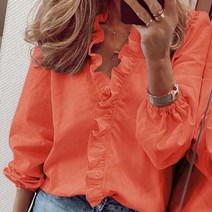 세계마켓우아한 화이트 프릴 블라우스 셔츠 여성 가을 봄 긴 소매 v넥 풀오버 상의 오피