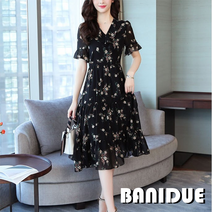 [바니드] 여성 쉬폰 플로럴 여름 프릴 반팔 꽃무늬 나들이 반팔원피스 0005