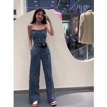 여성 여름 점프슈트 바디슈트 카우보이 소녀 허리 핫 소녀 튜브 탑 점프 슈트 여름점프 슈트 오버핏 스트레이트 레그 바지