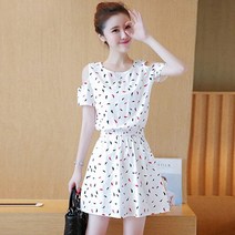 요나걸 여성 원피스 미니원피스 플라워원피스 라운드넥 어깨 오프더 숄더 캐주얼 큐티 허리 스트리밍 밴딩 반팔 여름원피스 여자원피스 + 양말증정