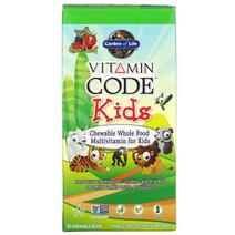 Garden of Life 비타민 Code 어린이용 츄어블 천연 식품 종합비타민 체리 베리 곰 모양 츄어블 30정