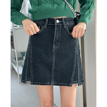 브더 스티치 절개 A라인 데님 미니 스커트
