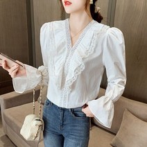 레이스브라우스 만격 기 할인점 상점 전문점 철수함 캐비닛 여성의류 브이넥 궁정풍 셔츠 4811662653, 2XL, 화이트