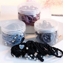 24p 진주 끈 세트 블랙 고무줄 헤어 고무 머리끈 리본