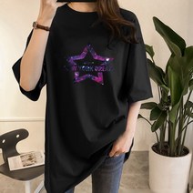 [오늘발송] 스타일아유 여성 여름 별 레터링 NEW DREAM 프린팅 롱 티 반팔 티셔츠 오버핏 티