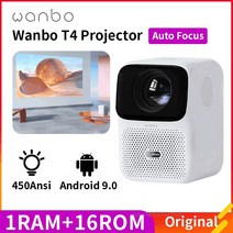 미니빔프로젝터 가정용빔프로젝터 캠핑빔프로젝터 단초점빔프로젝터 글로벌 버전 wanbo t4 프로젝터 안드로이드 9.0 자동 초점 led 1 + 16gb 지원 휴대용 미니 홈, 우리 플러그