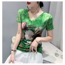 미미투 BT1814 여성 브이넥 꽃무늬티셔츠 타이트핏 스판쫄티