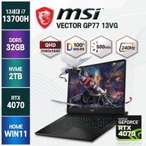 [백팩 증정] 2023년 신제품 MSI Vector GP77 13VG 인텔 13세대 i7-13700H RTX4070 240Hz QHD 노트북, 블랙, 코어i7, 2TB, 32GB, WIN11 Home