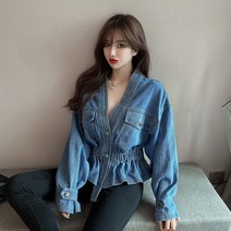 위위브렌 여성 캐주얼 브이넥 긴팔 데님자켓