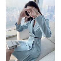 단아한 정장 벨티드 A라인 플리츠 스카이블루 원피스