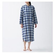 MUJI 무인양품 인도면 이중가제 원피스 파자마 잠옷 / 네이비체크 여성파자마, 사이즈_S~M, 상세페이지 참조