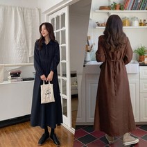 구김없는 여성 허리 끈 카라넥 루즈핏 셔츠 롱원피스 2color