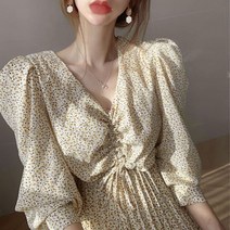 안나리야 브이넥 셔링 플리츠 플라워 쉬폰원피스 SY