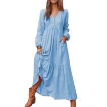 여성린넨원피스 여름랩원피스 린넨민소매원피스 Kaftan-빈티지 단색 코튼 린넨 V 넥 긴 소매 맥시 드레스 여성용 상품 여름