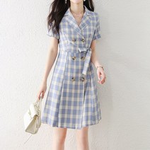 스타일아유 여름 여성 더블 버튼 체크 카라플레어 원피스 오피스 하객룩