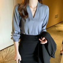 넷투넷코리아 여성 V넥 블라우스 긴팔 오피스 기본 심플 하객룩