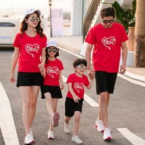 여름패션 유치원 에코 패션쇼 사랑하트 패밀리룩 여름옷 온가족 일가 세식구 네 형 언니 남동생 585140346, 엄마 S, 레드 색티셔츠 블랙 바지