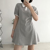 [코튼 ops] 벌룬 퍼프소매 배색 반팔 카라 원피스