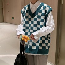 바둑판 조끼 남성 가을 겨울 조수 브랜드 인 루스 이너 민소매 양복 캐주얼 커플 V 넥 스웨터