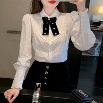 벨벳 리본 네크라인 블라우스 여 디자인 센스 쁘띠 궁중풍 퍼프소매 상의