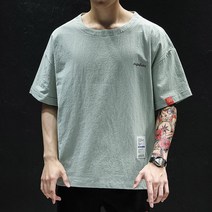 트렌드 반팔 면린넨 티셔츠 남성 여름 솔리드 무지 와이드 루즈핏 캐쥬얼 빅사이즈 상의