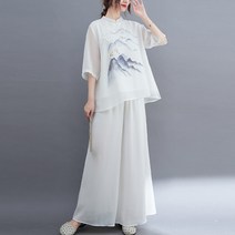화이트 팬츠 티 유니폼 부처님 단아한 차이나 공연복 여성의류 여름 타입 스윗 중국전통의상 리폼 중국식 4754530151