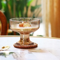 디저트볼 유리보울 아이스크림 원목받침 다용도 샐러드 카페 플레이팅, 핸드메이드 앰버-265ml
