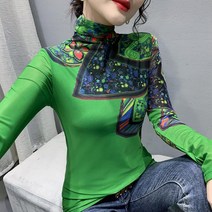 언발 플라워 프린팅 긴팔 목폴라 미시 블라우스 티셔츠 S-3XL 22o125