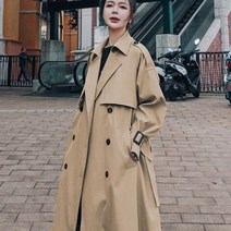 트렌치코트 카키 롱 트렌치 영국 스타일 무릎 길이 루스 코트 여성 봄 가을 패션 단색 더블 브레스트 옷깃 Outwears