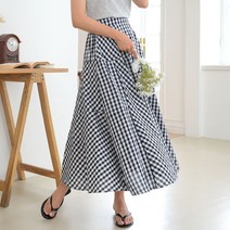 데일리앤 엘먼 여름 밴딩 플레어 깅엄 체크 롱 스커트