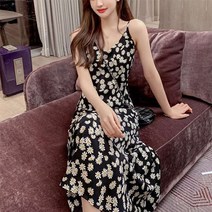 여성 예쁜 시원한 끈나시 꽃무늬 에이라인 휴양지 바닷가 미디 A라인 원피스