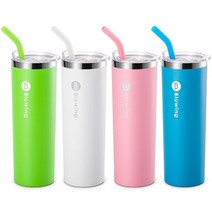 Bluwing 591.5ml(20온스) 스테인리스 스틸 스키니 텀블러 4팩 이중벽 단열 슬림 커피 컵 빨대 포함 누출 방지 뚜껑 브러시(애플 그린-화이트-핑크-스카이 블루)