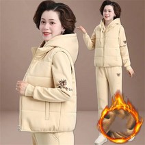 꽃소담 중년여성 패딩조끼 후드 기모 트레이닝복세트 츄리닝 상하의 쓰리피스 QQJ385