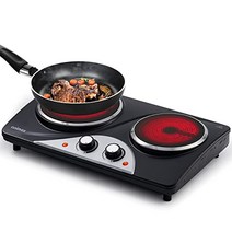 이중 핫플레이트 CUSIMAX 2100W 호브 2개 적외선 열판 이동식 핫플레이트 2개 캠핑용 호브 스테인리스 스틸 핫플레이트 2개 온도 조절 가능 검정색 -18777, 블랙 적외선