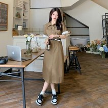 맘등원룩 문센 워마일룩 집 청담동 며느리 꾸안꾸 짧은 슬리밍 작업복 드레스 여성용 큰 사이즈 갈색 긴 여름 지방 소녀 레트로