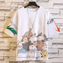 남성 고양이반팔티 라운드넥 빅사이즈 냥이 프린팅 티셔츠 오버핏 야옹이 반소매 여름 레터링티