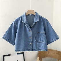 여자 청남방 블라우스 셔츠 여성 데님 대학 경기 디자인 여름 유행 솔리드 레트로 단순