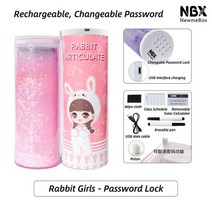 Newmebox-암호 연필 케이스 만화 패턴 펜 홀더 대용량 문구 상자 코드 잠금 홈 오피스 학교 보관 가방, Rabbit Girls Qs