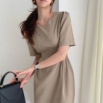 여성용 빈티지 A라인 맥시 원피스 살구 브이넥 반팔 우아한 보우 세련된 여름