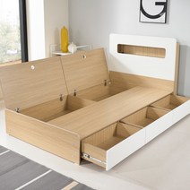 [데코라인] 포인트 LED 수납형 슈퍼싱글 침대 프레임, 색상:오크화이트