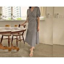 러빈튜 체크 퍼프 랩 롱 원피스