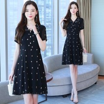 데일리룩 쉬폰 플라워 원피스 여 여름 여성복 미디엄 반팔 패션 블랙 스커트 고급 서양룩