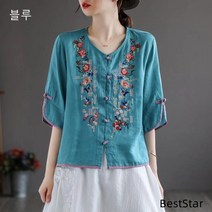 BestStar 봄 가을 여성 순면 티셔츠 루즈핏 자수 셔츠 절복