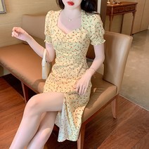 블루베리 퍼프소매 트임 프렌치 플라워 쉬폰 원피스 여