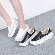 준디자인 국산 4cm 키높이 여성 가죽 슬립온 가벼운 스판 밴딩 스니커즈 운동화 쿠션 푹신한 무지 신발 여자 명품 단화 경량 통굽 발편한 초경량 굽있는 굽높은