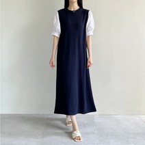 에스미 여성스러운 소매퍼프 배색 반팔 오버핏 빅사이즈 롱원피스