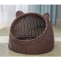 라탄 고양이 하우스 오픈형 물세탁 방석 먼지없는 고양이집 숨숨집, 브라운(+돗자리)