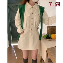 Y.GA 봄 여름 가을 하이 웨이스트 데님 드레스 여성 캐주얼 버튼다운 칼라 원피스 여자 귀여운 H라인 원피스